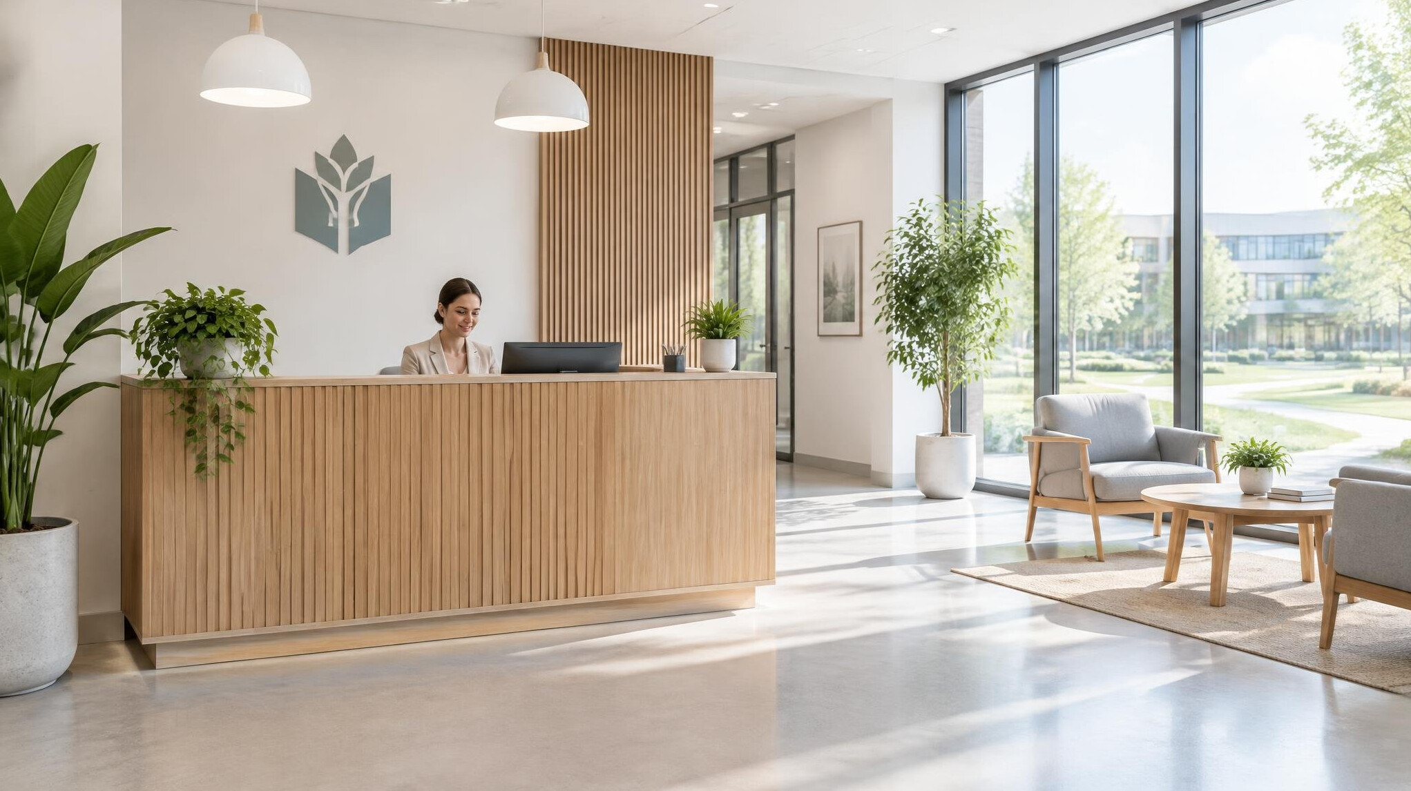 Bright modern office reception interior