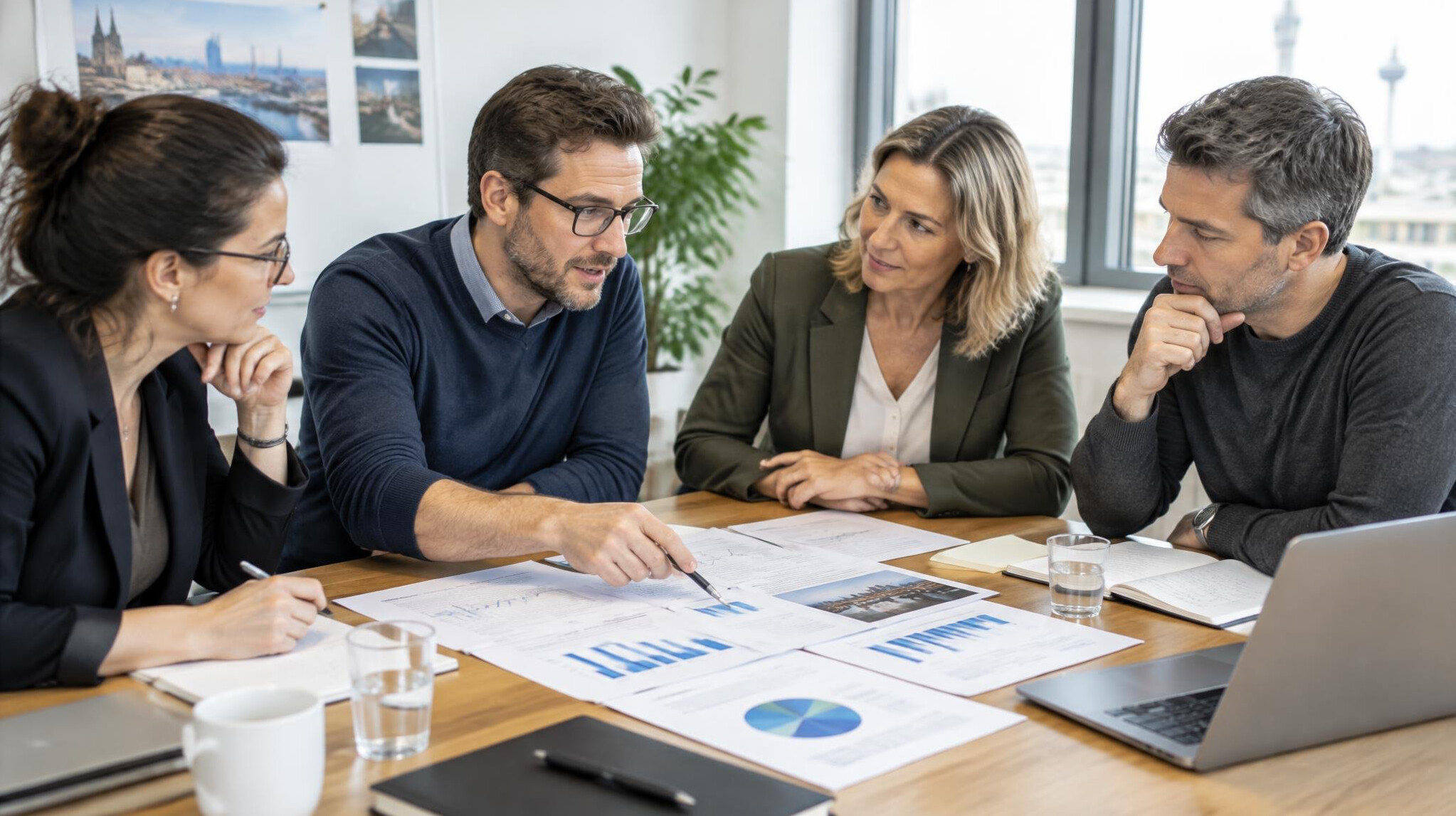 Researchers discussing methodology around a conference table