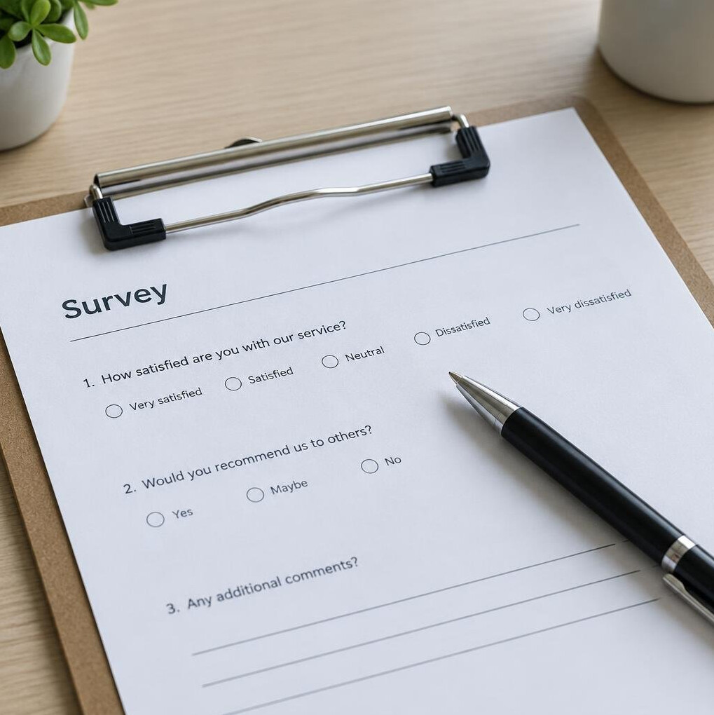 Survey questionnaire on a clipboard with a pen